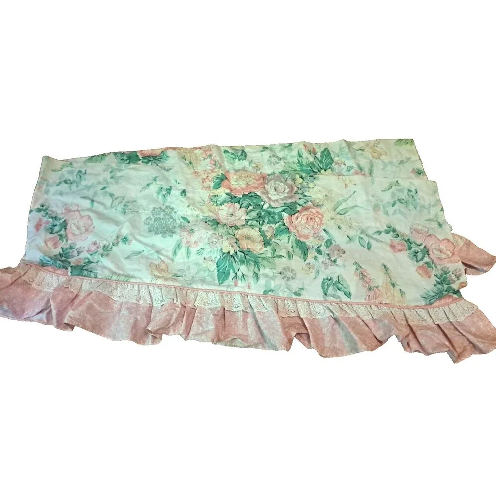 Vintage Laura Ashley Curtain Valance Pink Roses Ruffled Floral Cottage 83x19